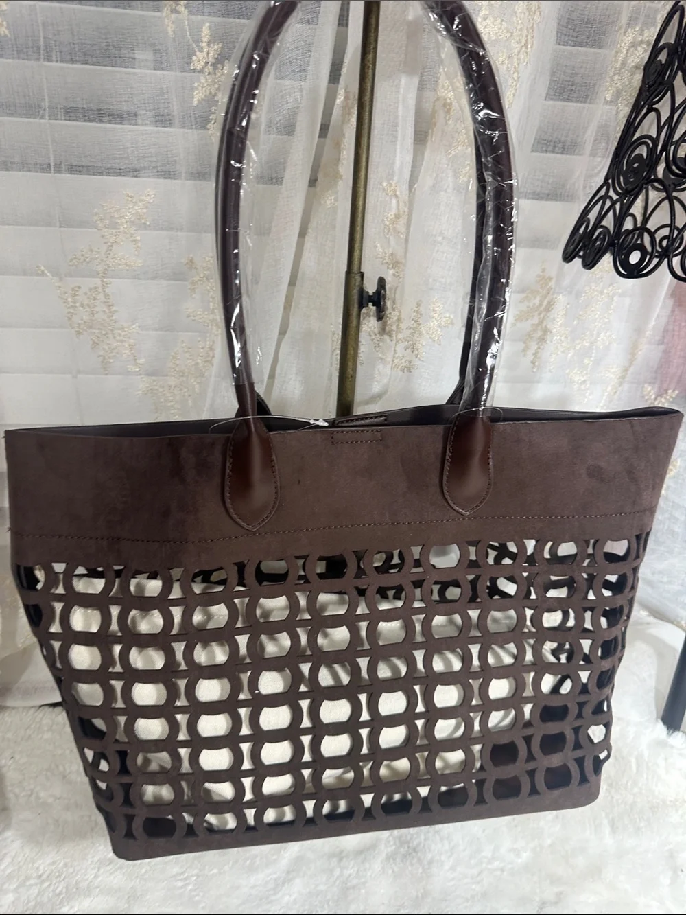 Anthropologie faux Seude perforated slouchy chocolate bag with canvas insert